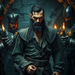 An evil fantasy male pirate with short black hair and a short pointy beard, standing defiantly without a hat, being put in shackles by medieval guards