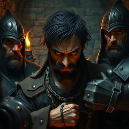 An evil fantasy male pirate with short black hair and a short pointy beard, gazing defiantly as he is being restrained in shackles by medieval guards