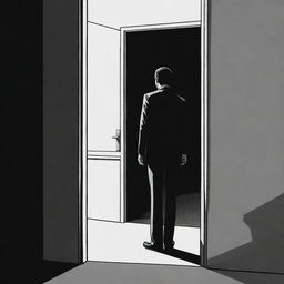 A monochromatic comic book style illustration of a person in a suit standing behind a door in a dark, mysterious Iranian street.