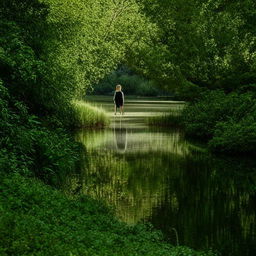 A solitary figure walking through a lush green landscape, adjacent to serene, shimmering water.