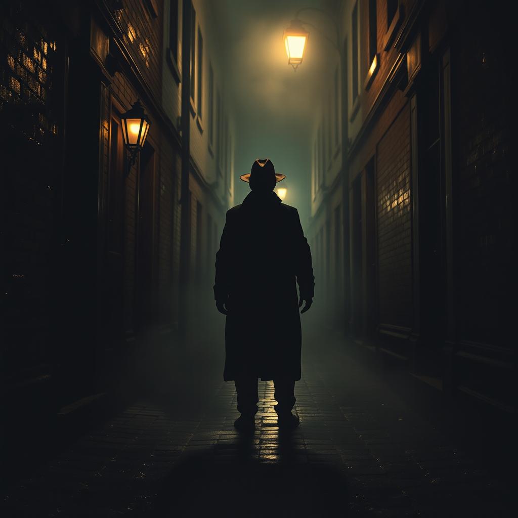 Create a dramatic and intense scene of a mysterious figure in a dark alleyway, surrounded by shadows and mist