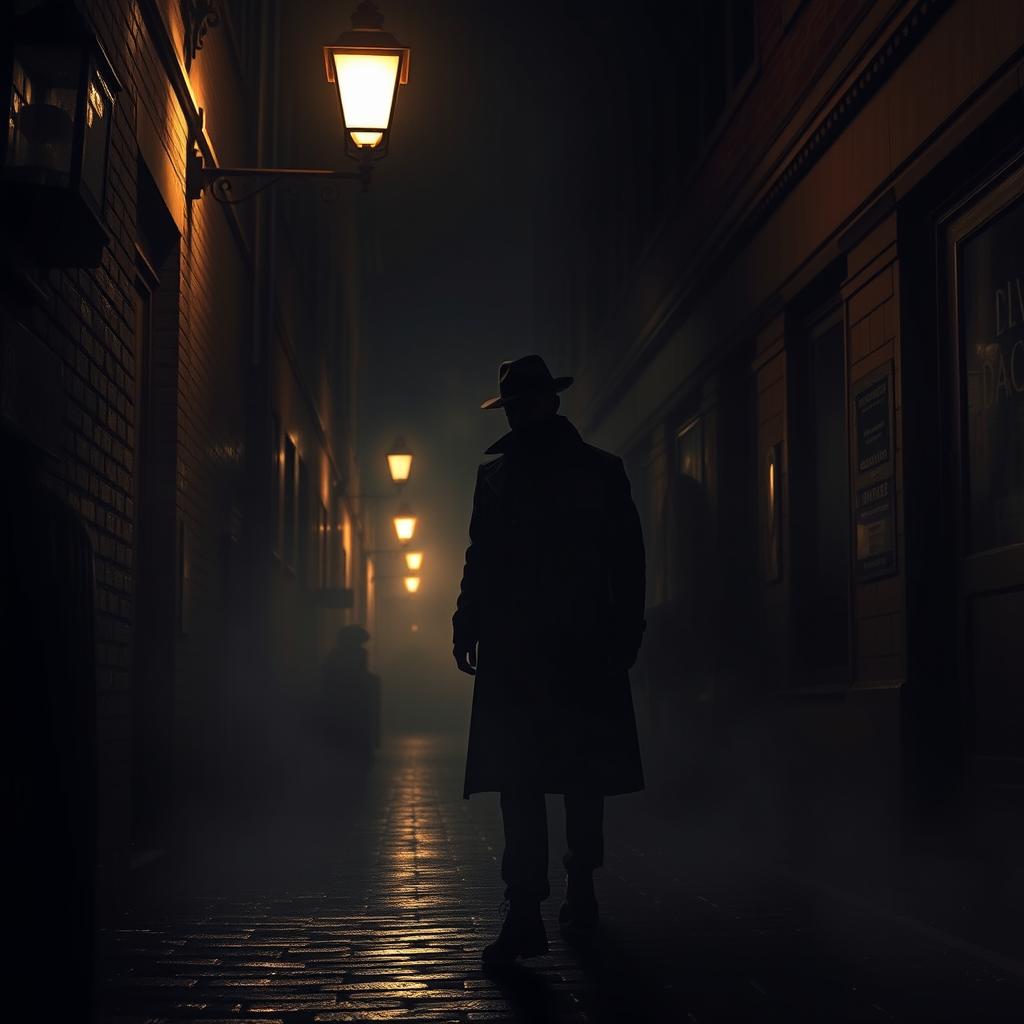 Create a dramatic and intense scene of a mysterious figure in a dark alleyway, surrounded by shadows and mist