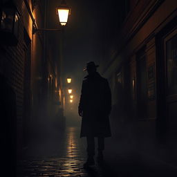 Create a dramatic and intense scene of a mysterious figure in a dark alleyway, surrounded by shadows and mist