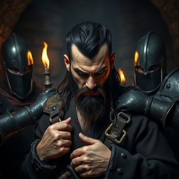 An evil fantasy male pirate with short black hair and a short pointy beard, gazing defiantly as he is being restrained in shackles by medieval guards