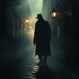 Create a dramatic and intense scene of a mysterious figure in a dark alleyway, surrounded by shadows and mist