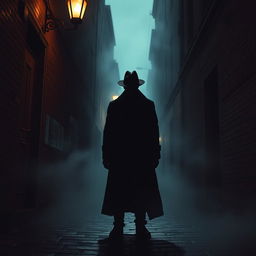 Create a dramatic and intense scene of a mysterious figure in a dark alleyway, surrounded by shadows and mist