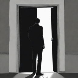 A monochromatic comic book style illustration of a person in a suit standing behind a door in a dark, mysterious Iranian street.