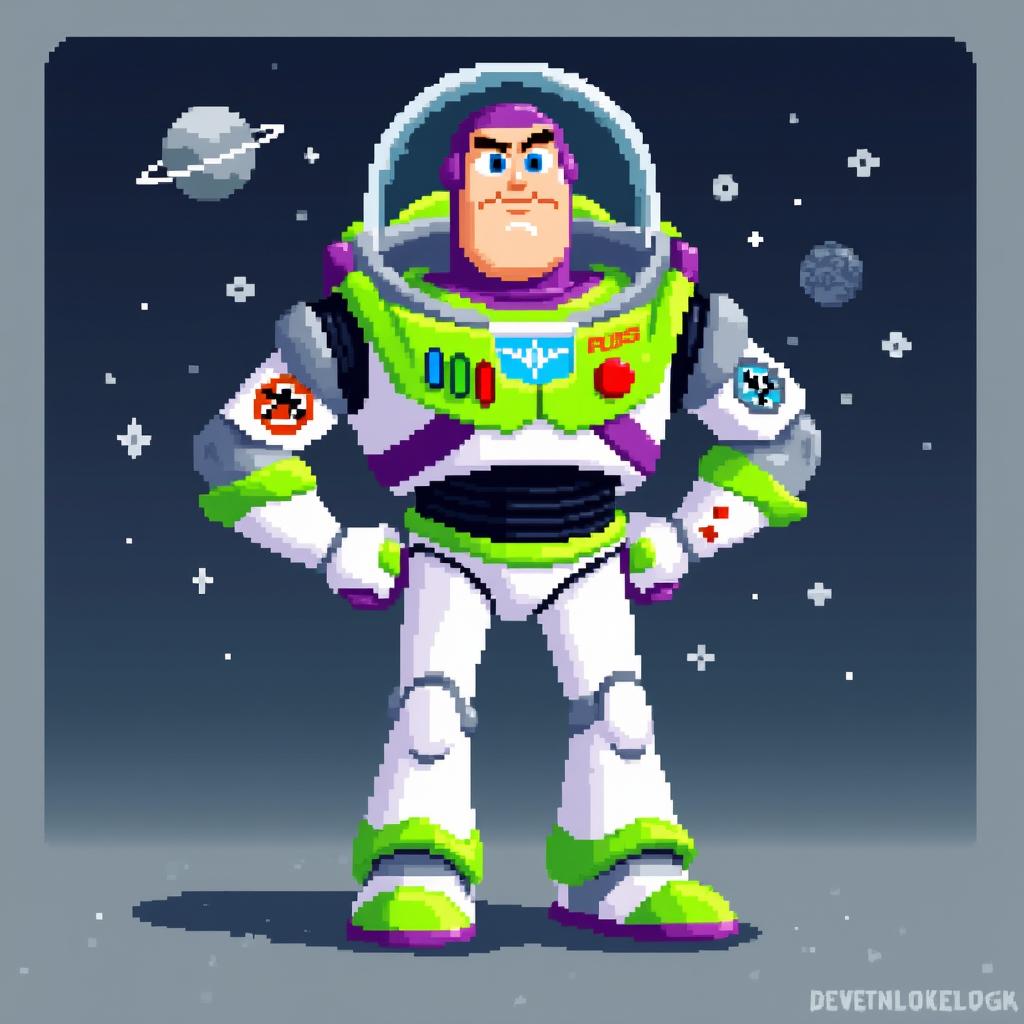 A pixel art sprite of Buzz Lightyear from Toy Story, featuring his iconic space ranger suit with white, green, and purple colors