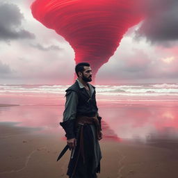 An evil fantasy male pirate with short black hair and a short pointy beard, standing alone on a desolate beach