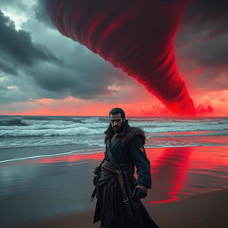 An evil fantasy male pirate with short black hair and a short pointy beard, standing alone on a desolate beach