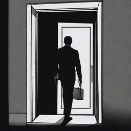 A monochromatic comic book style illustration of a person in a suit standing behind a door in a dark, mysterious Iranian street.