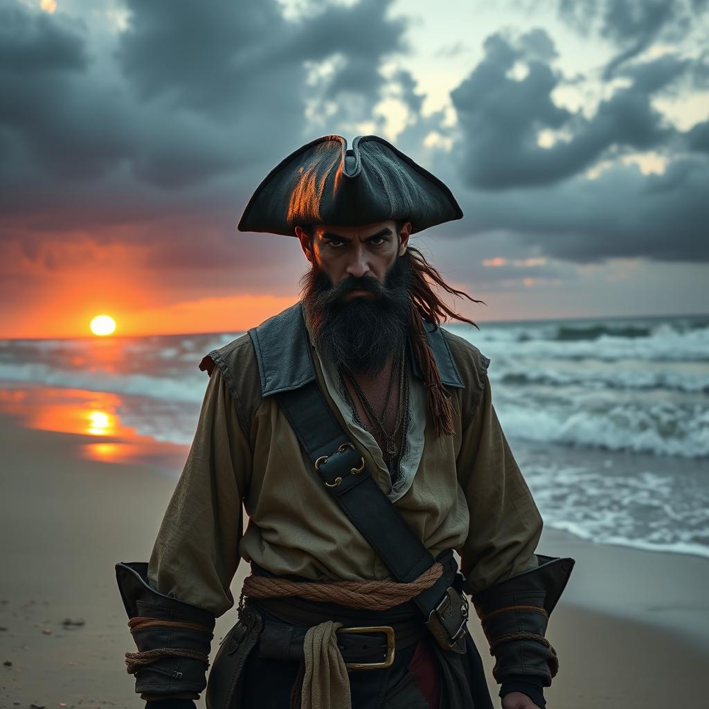 An evil fantasy male pirate with short black hair and a short pointy beard stands alone, stranded on an empty beach