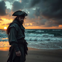 An evil fantasy male pirate with short black hair and a short pointy beard stands alone, stranded on an empty beach