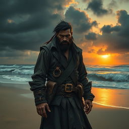 An evil fantasy male pirate with short black hair and a short pointy beard stands alone, stranded on an empty beach