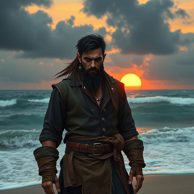 An evil fantasy male pirate with short black hair and a short pointy beard stands alone, stranded on an empty beach