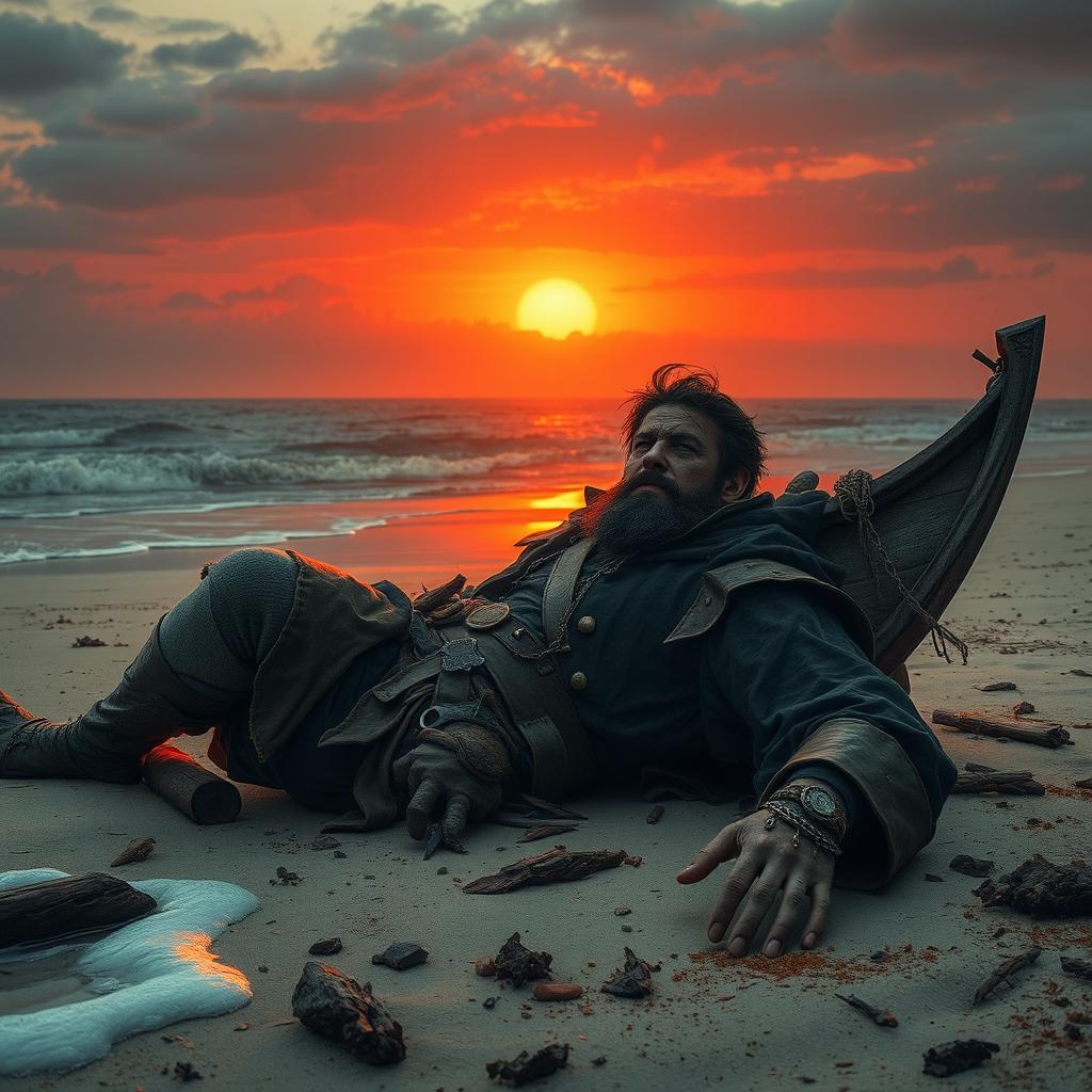 An evil fantasy male pirate with short black hair and a short pointy beard lies wounded on a deserted beach