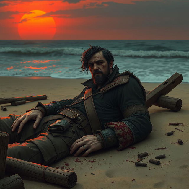 An evil fantasy male pirate with short black hair and a short pointy beard lies wounded on a deserted beach