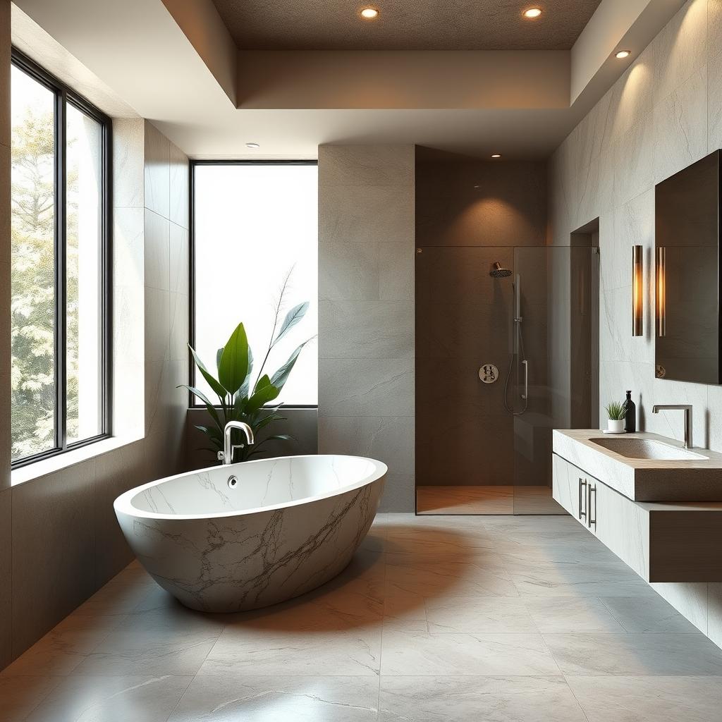 A luxurious stone bathroom featuring an elegant, modern design