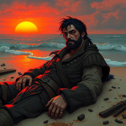 An evil fantasy male pirate with short black hair and a short pointy beard lies wounded on a deserted beach