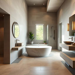 A luxurious stone bathroom featuring an elegant, modern design