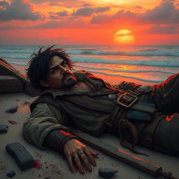 An evil fantasy male pirate with short black hair and a short pointy beard lies wounded on a deserted beach