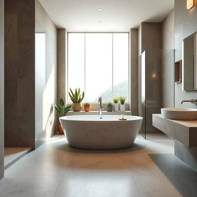 A luxurious stone bathroom featuring an elegant, modern design