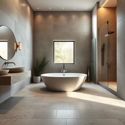 A luxurious stone bathroom featuring an elegant, modern design