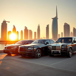 A scene featuring a black Mercedes, a black Porsche, and a black Rolls Royce parked elegantly together in Dubai during golden hour