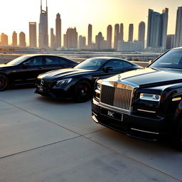 A scene featuring a black Mercedes, a black Porsche, and a black Rolls Royce parked elegantly together in Dubai during golden hour