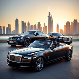 A scene featuring a black Mercedes, a black Porsche, and a black Rolls Royce parked elegantly together in Dubai during golden hour