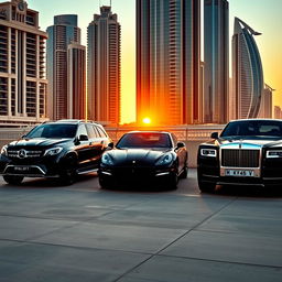 A scene featuring a black Mercedes, a black Porsche, and a black Rolls Royce parked elegantly together in Dubai during golden hour