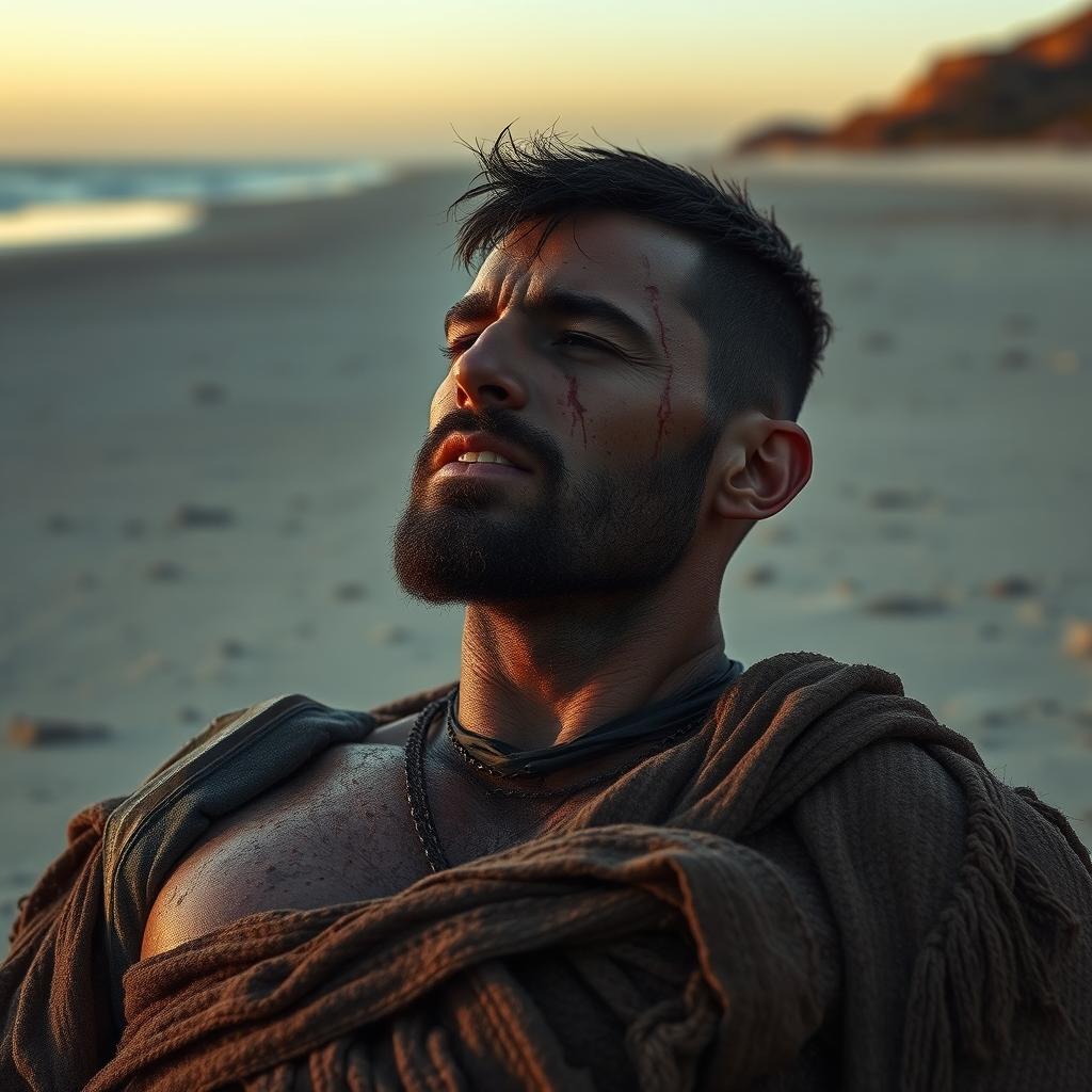 An evil fantasy male slave with short black hair and a short pointy beard is lying wounded on a lonely beach