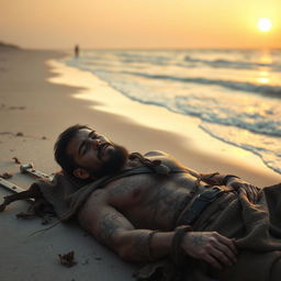 An evil fantasy male slave with short black hair and a short pointy beard is lying wounded on a lonely beach