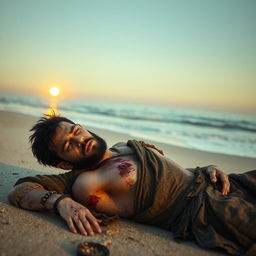 An evil fantasy male slave with short black hair and a short pointy beard is lying wounded on a lonely beach