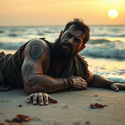 An evil fantasy male slave with short black hair and a short pointy beard is lying wounded on a lonely beach