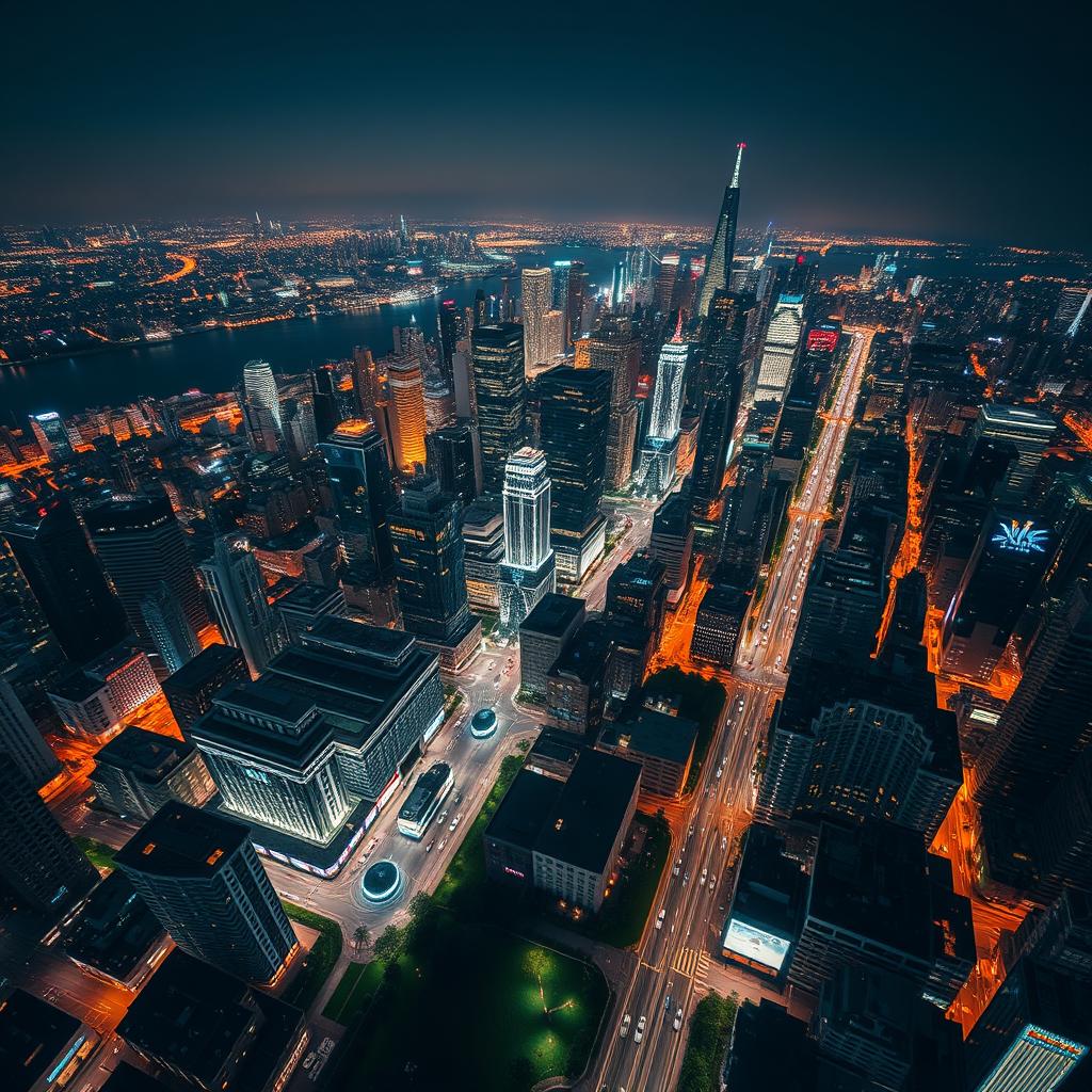 A stunning aerial view of a vibrant cityscape at night, showcasing the blend of urban architecture, illuminated skyscrapers, and bustling streets filled with moving cars