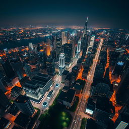 A stunning aerial view of a vibrant cityscape at night, showcasing the blend of urban architecture, illuminated skyscrapers, and bustling streets filled with moving cars