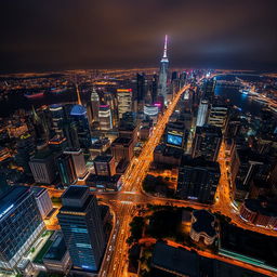 A stunning aerial view of a vibrant cityscape at night, showcasing the blend of urban architecture, illuminated skyscrapers, and bustling streets filled with moving cars