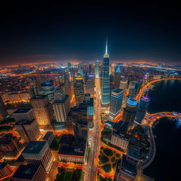 A stunning aerial view of a vibrant cityscape at night, showcasing the blend of urban architecture, illuminated skyscrapers, and bustling streets filled with moving cars