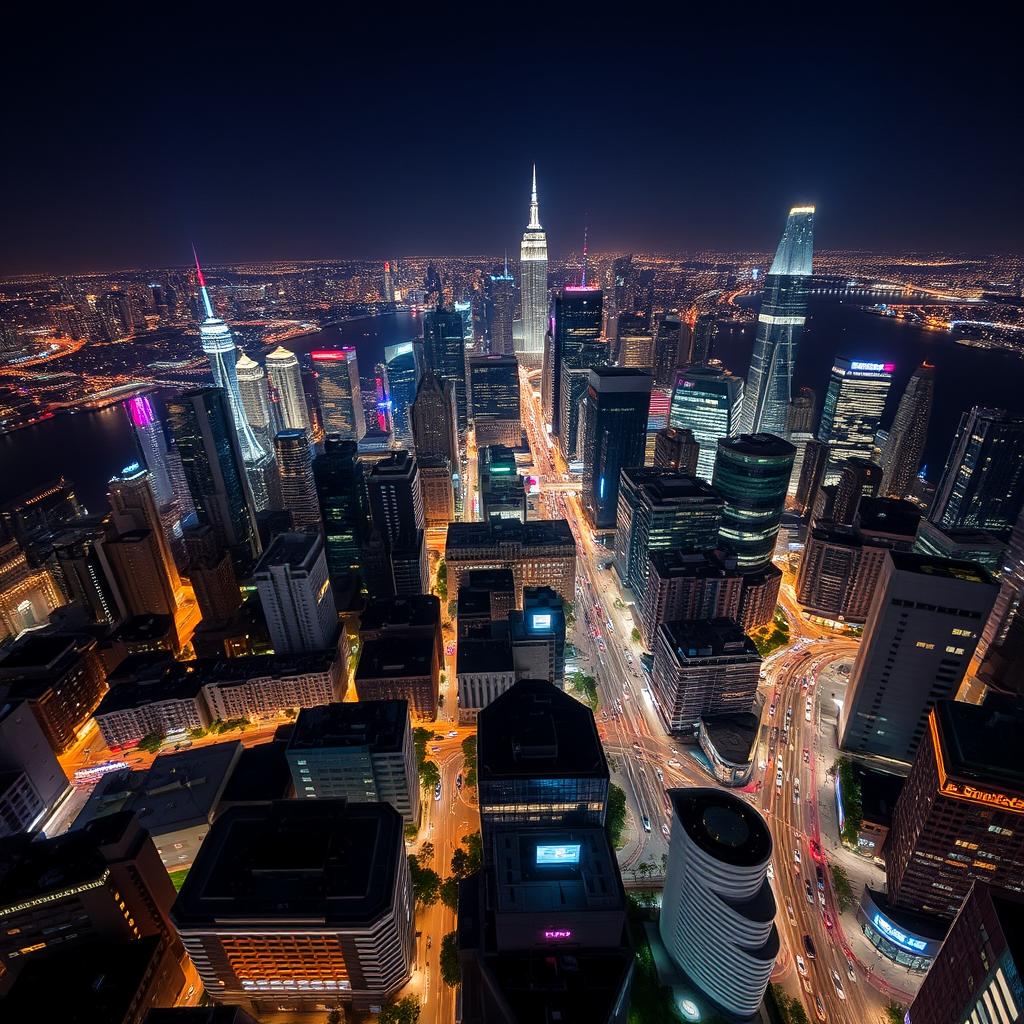 A stunning aerial view of a vibrant cityscape at night, showcasing the blend of urban architecture, illuminated skyscrapers, and bustling streets filled with moving cars