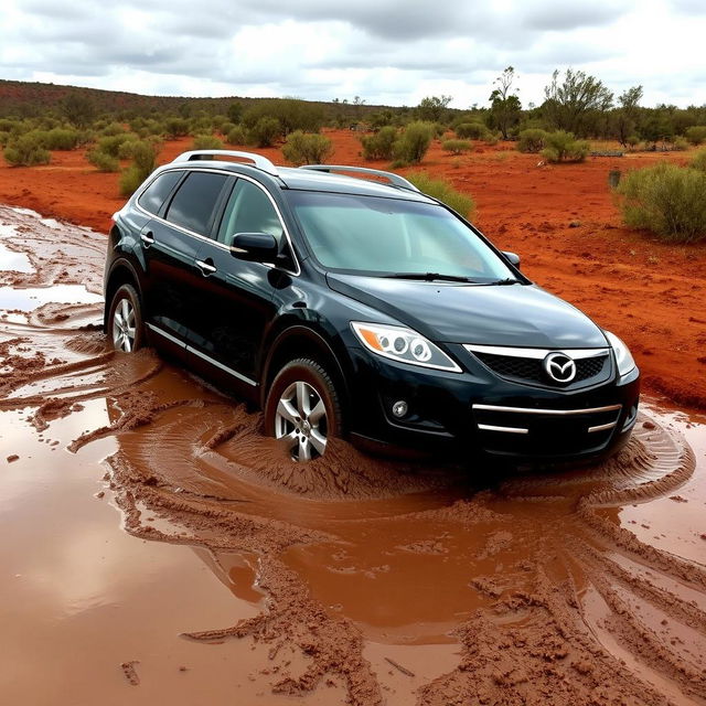 A black 2009 Mazda CX-9 stuck in mud in the Australian outback