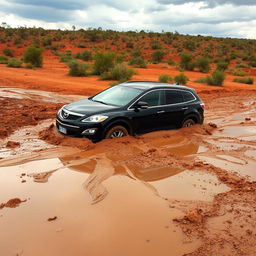 A black 2009 Mazda CX-9 stuck in mud in the Australian outback