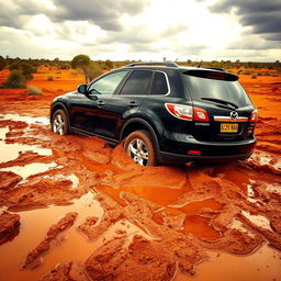 A black 2009 Mazda CX-9 stuck in mud in the Australian outback