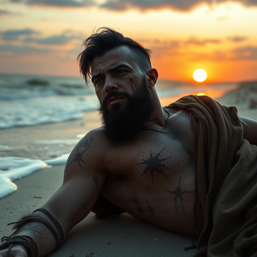 An evil fantasy male slave with short black hair and a short pointy beard is lying wounded on a deserted beach