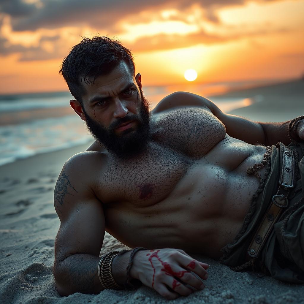 An evil fantasy male slave with short black hair and a short pointy beard is lying wounded on a deserted beach