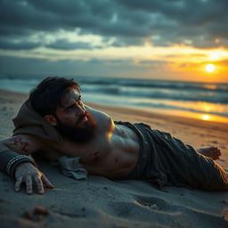 An evil fantasy male slave with short black hair and a short pointy beard is lying wounded on a deserted beach