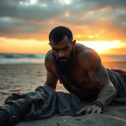 An evil fantasy male slave with short black hair and a short pointy beard is lying wounded on a deserted beach