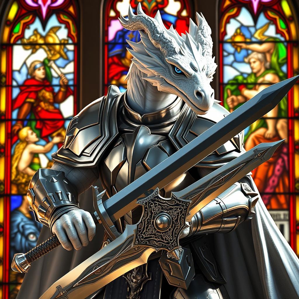 A white humanoid dragon paladin knight with a heroic and muscular build, featuring striking blue eyes