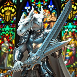 A white humanoid dragon paladin knight with a heroic and muscular build, featuring striking blue eyes