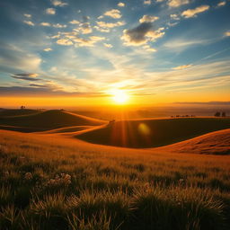 a serene landscape with rolling hills under a dramatic sky, featuring a stunning sunrise casting golden light across the fields